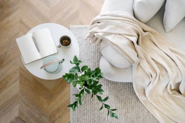 dETMSXwNhK High above view of open book, plant, tea and couch in living room interior design. Home comfort concept. Relax idea. Flat lay. House details
