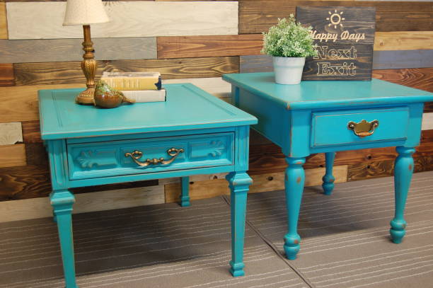 Turquoise distressed side tables with one drawer